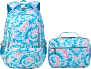 BLUEFAIRY Girls Backpack with Lunch Box for Kids Primary Elemenatry School Bag Set Middle School Bookbags Set for Teens Childs Back to School Gifts 2 Pcs Blue