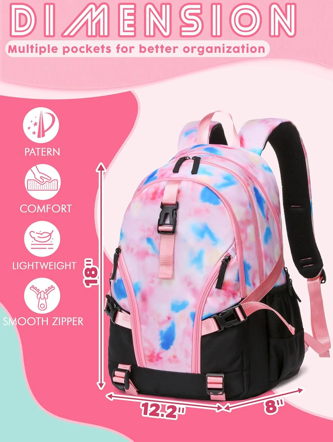BLUEFAIRY High School Backpack for Girls Middle School Bookbag Teens Back to School Bag for College with Large Compartment Mochilas para Niñas Adolescentes 18" Tie Dye Pink