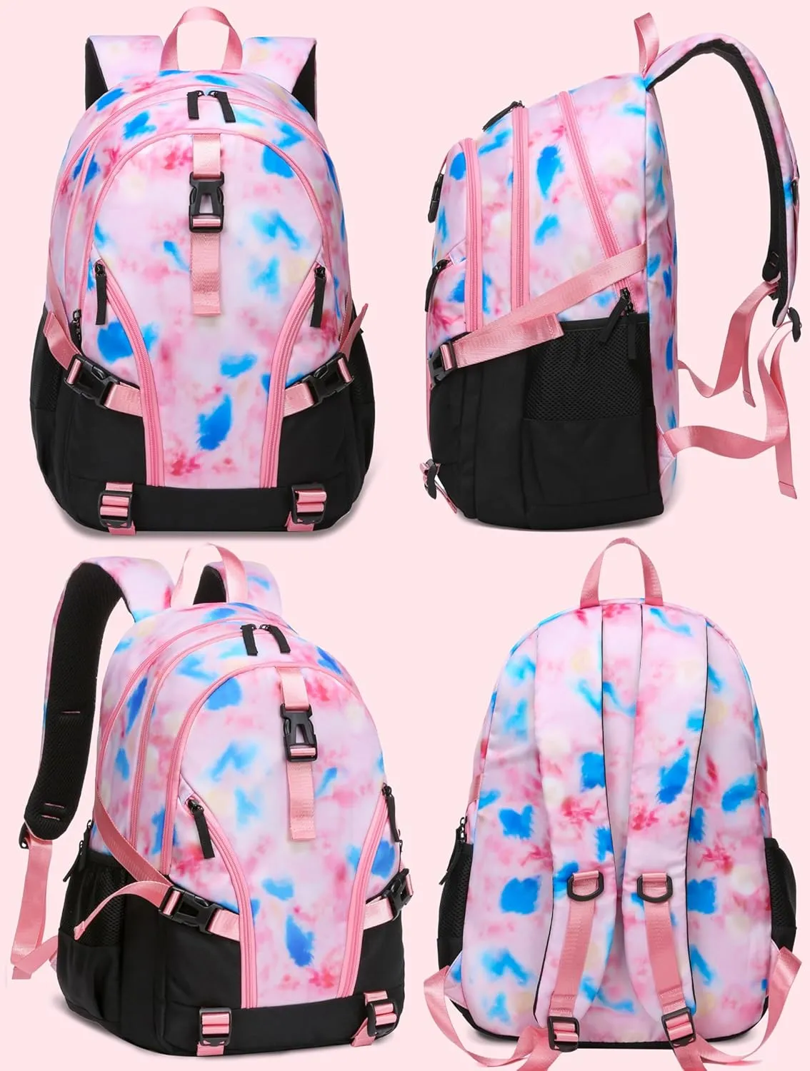 BLUEFAIRY High School Backpack for Girls Middle School Bookbag Teens Back to School Bag for College with Large Compartment Mochilas para Niñas Adolescentes 18" Tie Dye Pink