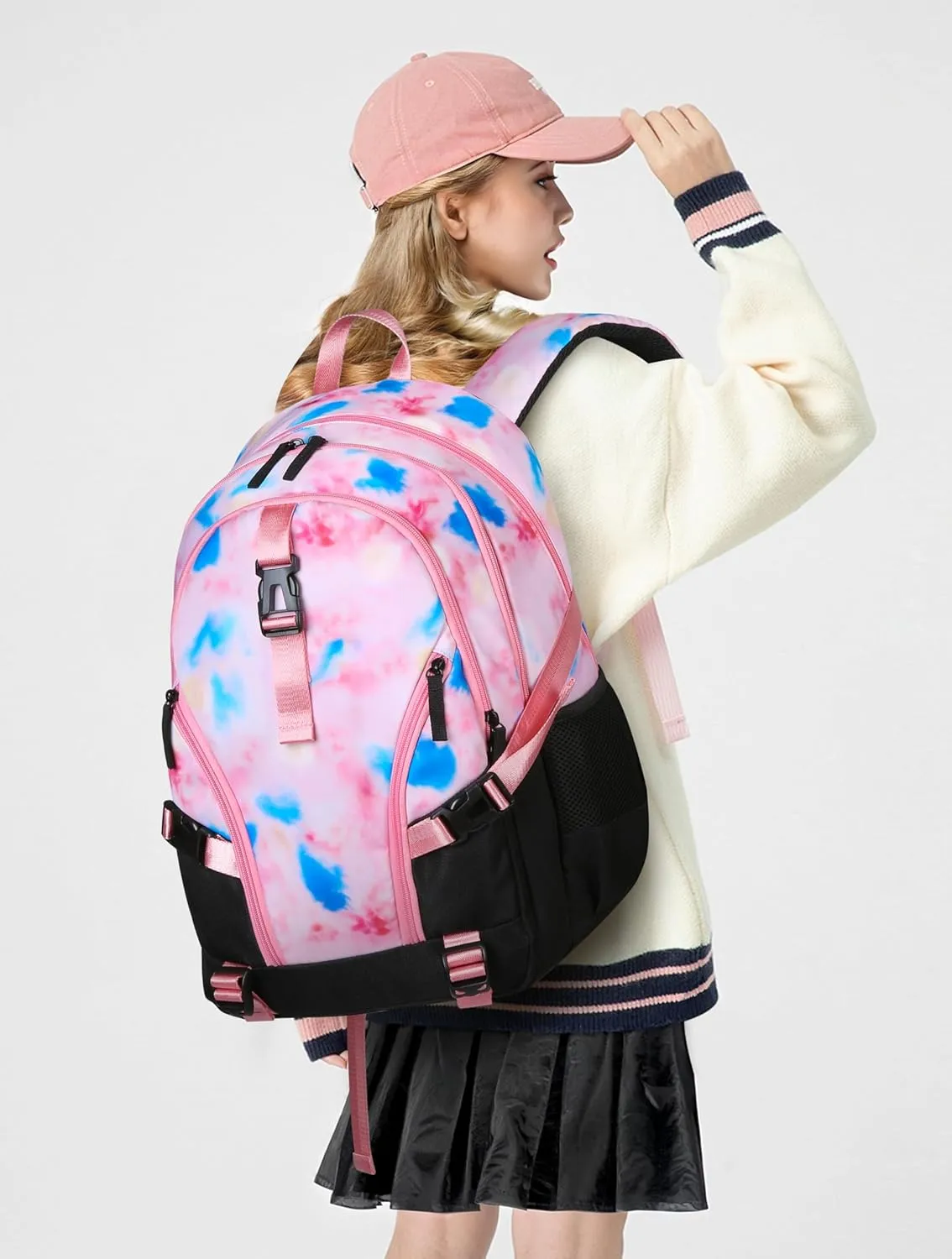 BLUEFAIRY High School Backpack for Girls Middle School Bookbag Teens Back to School Bag for College with Large Compartment Mochilas para Niñas Adolescentes 18" Tie Dye Pink
