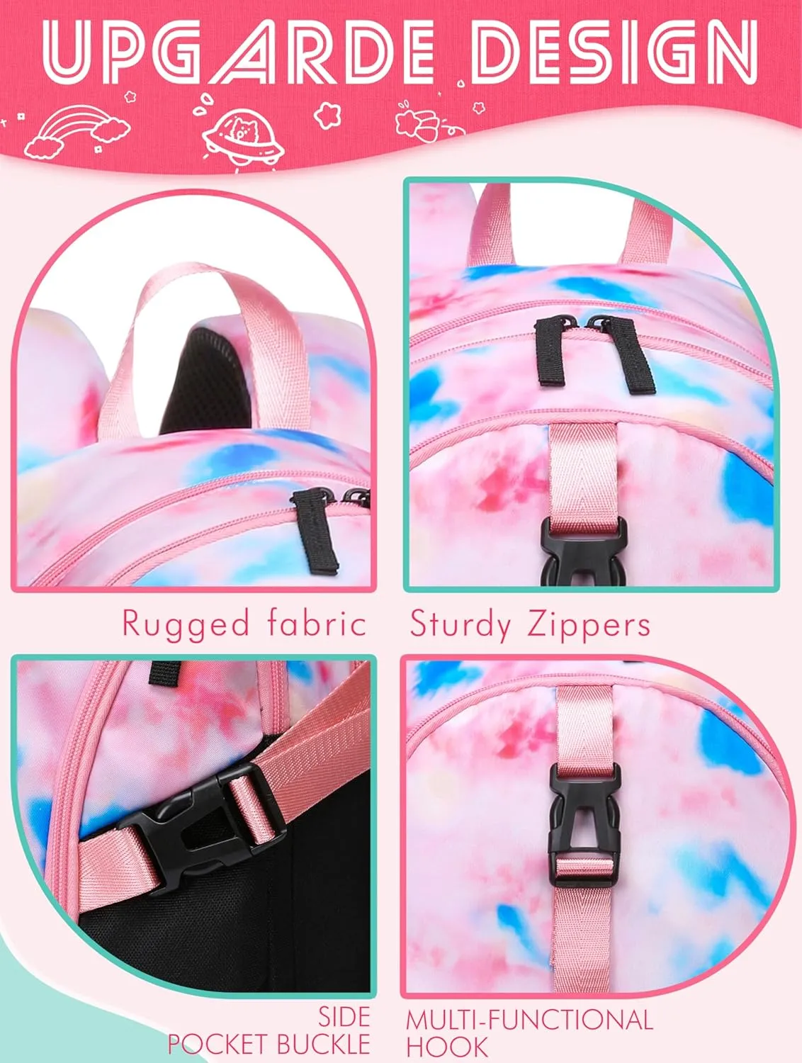 BLUEFAIRY High School Backpack for Girls Middle School Bookbag Teens Back to School Bag for College with Large Compartment Mochilas para Niñas Adolescentes 18" Tie Dye Pink