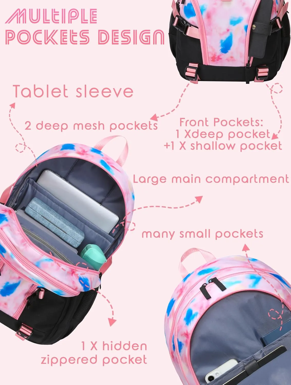 BLUEFAIRY High School Backpack for Girls Middle School Bookbag Teens Back to School Bag for College with Large Compartment Mochilas para Niñas Adolescentes 18" Tie Dye Pink