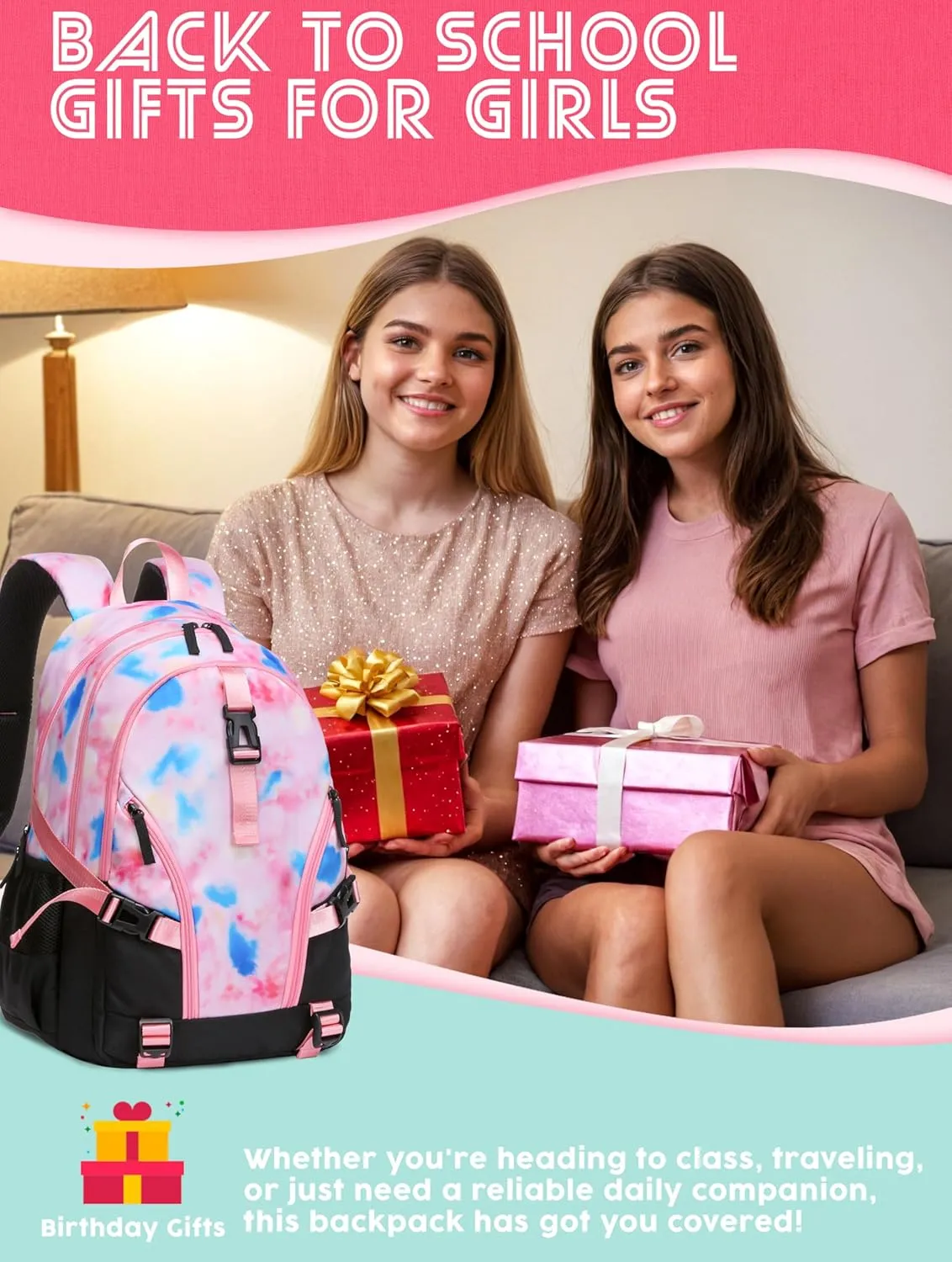 BLUEFAIRY High School Backpack for Girls Middle School Bookbag Teens Back to School Bag for College with Large Compartment Mochilas para Niñas Adolescentes 18" Tie Dye Pink