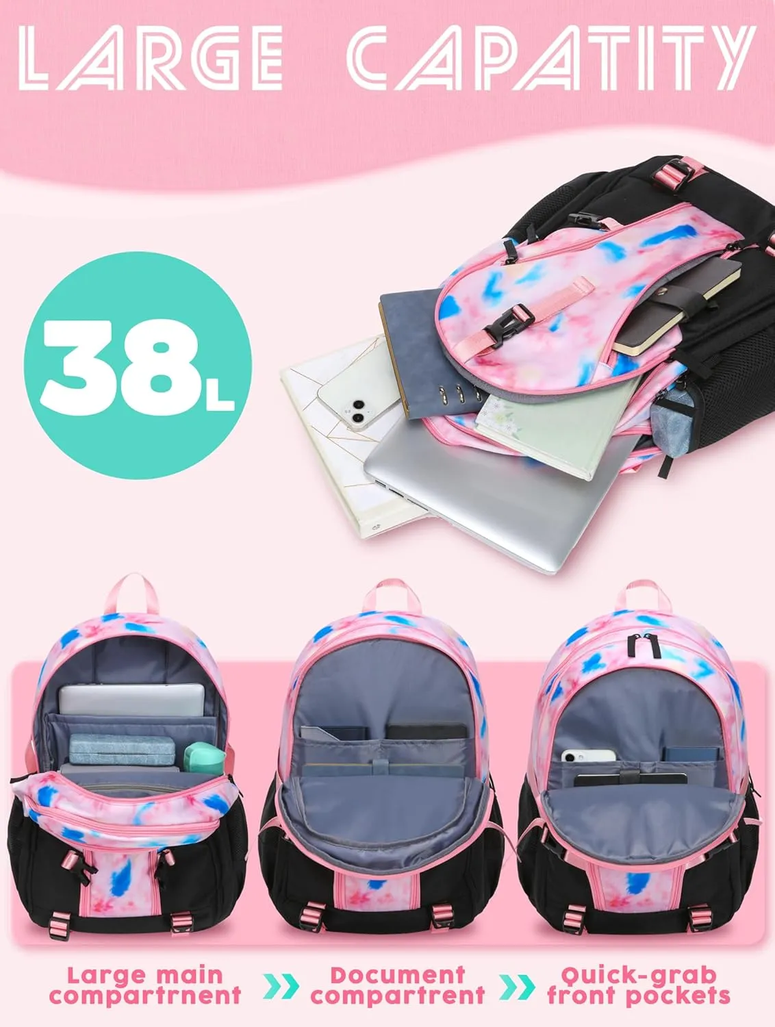 BLUEFAIRY High School Backpack for Girls Middle School Bookbag Teens Back to School Bag for College with Large Compartment Mochilas para Niñas Adolescentes 18" Tie Dye Pink