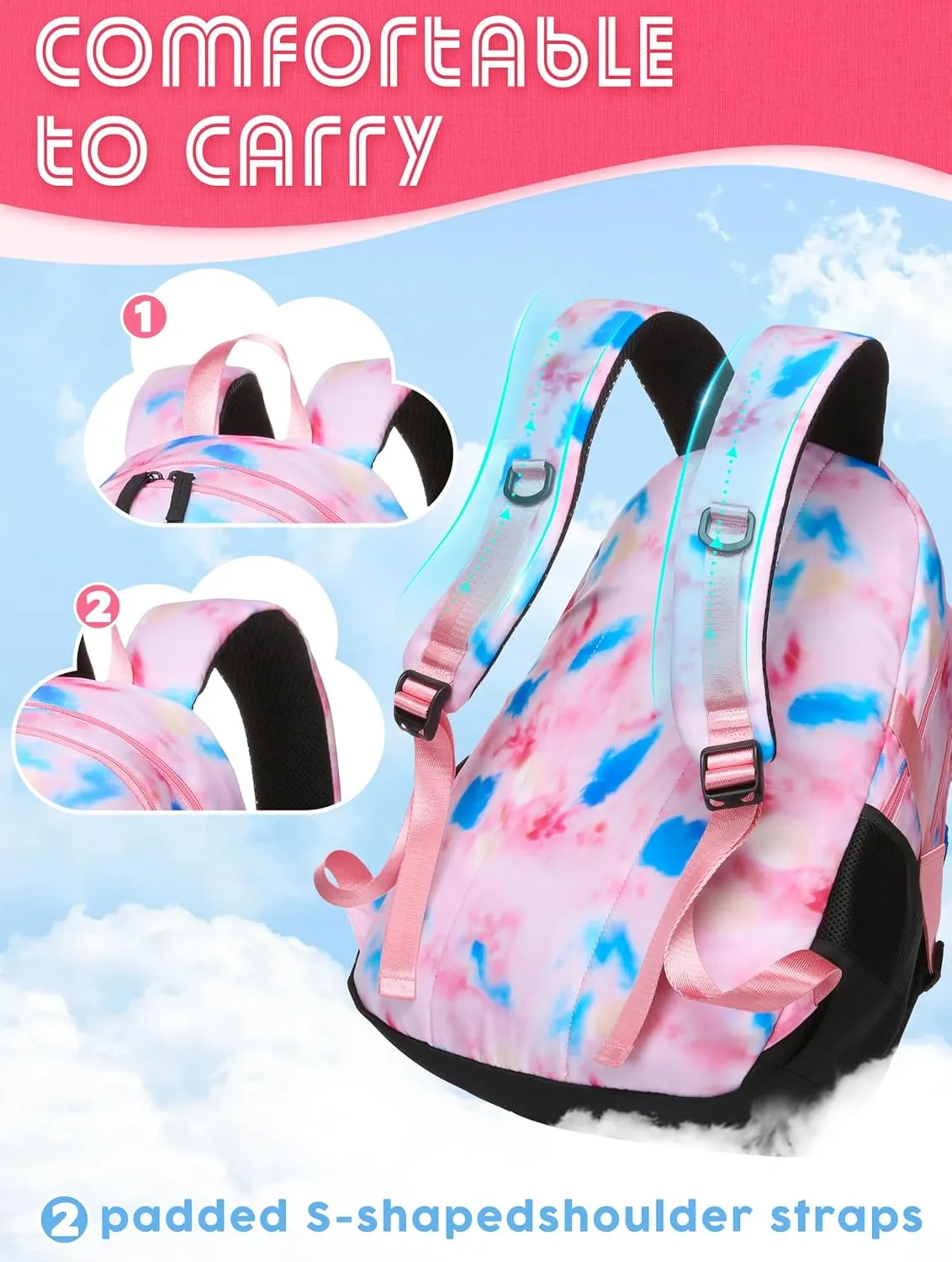 BLUEFAIRY High School Backpack for Girls Middle School Bookbag Teens Back to School Bag for College with Large Compartment Mochilas para Niñas Adolescentes 18" Tie Dye Pink