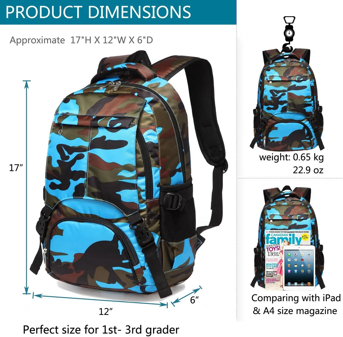 BLUEFAIRY Kids Backpack for Boys Elementary Primary Middle School Book Bags Bookbags Back to School Bags Large Compartment Mochila Escolar para Niños Camouflage Blue