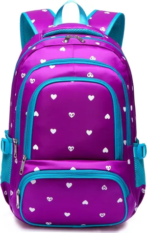 BLUEFAIRY Kids Backpack for Girls Primary Elementary School Bag Bookbag for Childs Book Bag Mochilas Escolares para Niñas de 4-6 Back to School Cute Gifts 17" Heart Print/Purple