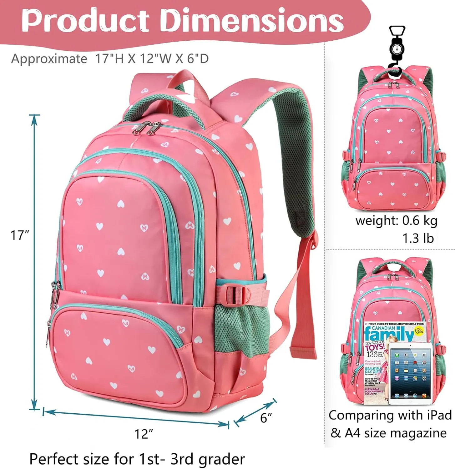 BLUEFAIRY Lightweight Water Resistant Backpack for Girls, Pink, 5-9 Years, Laptop Compartment, Adjustable Shoulder Straps, Breathable Mesh