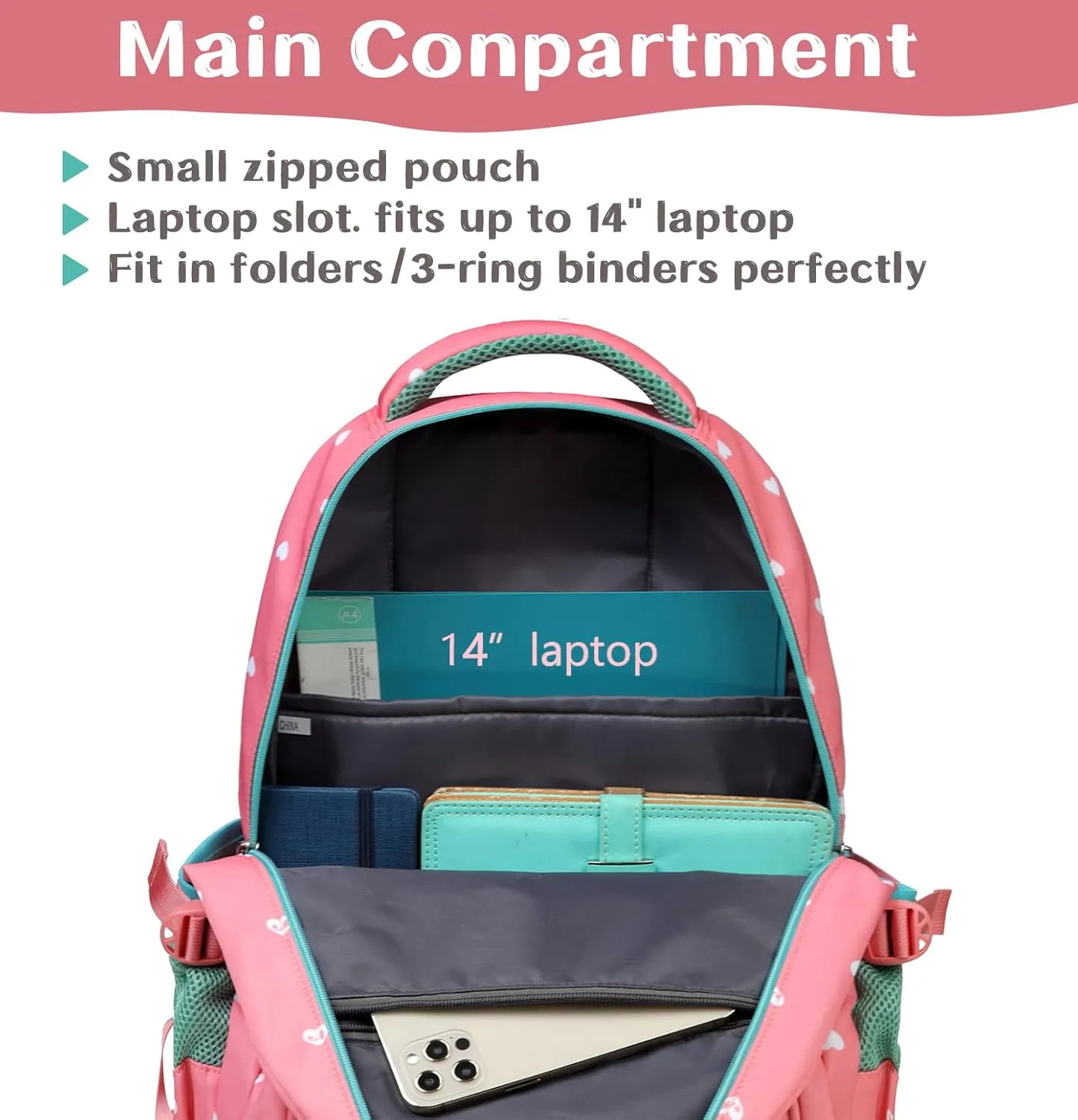 BLUEFAIRY Lightweight Water Resistant Backpack for Girls, Pink, 5-9 Years, Laptop Compartment, Adjustable Shoulder Straps, Breathable Mesh