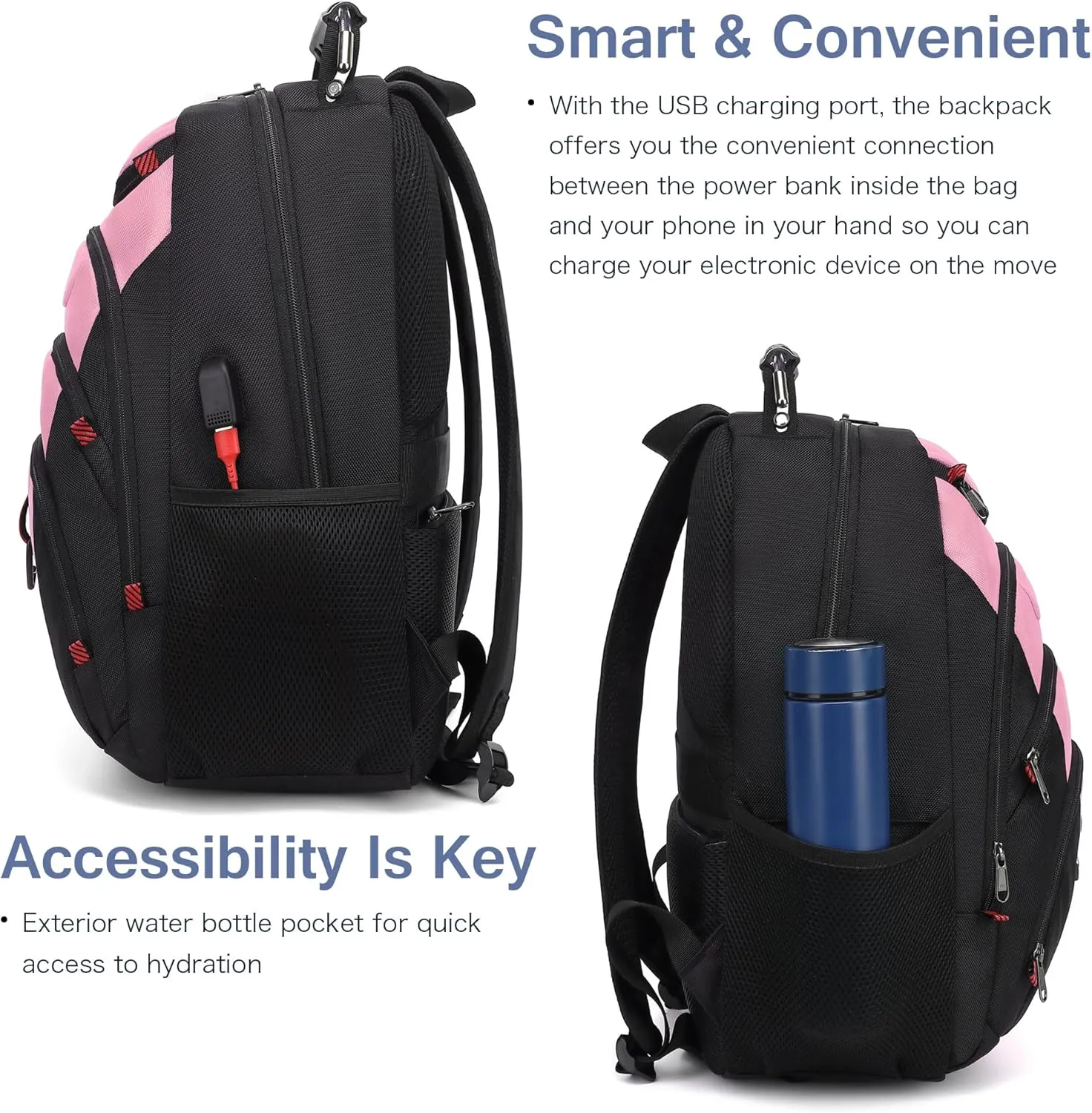 Boavan Laptop Backpack for men, 15.6 inch Laptop Bag with USB Port, Waterproof Travel Work Backpack Purse, Anti-Theft Teacher Nurse Doctor Casual Bookbags Office Business backpack，PinkBlack