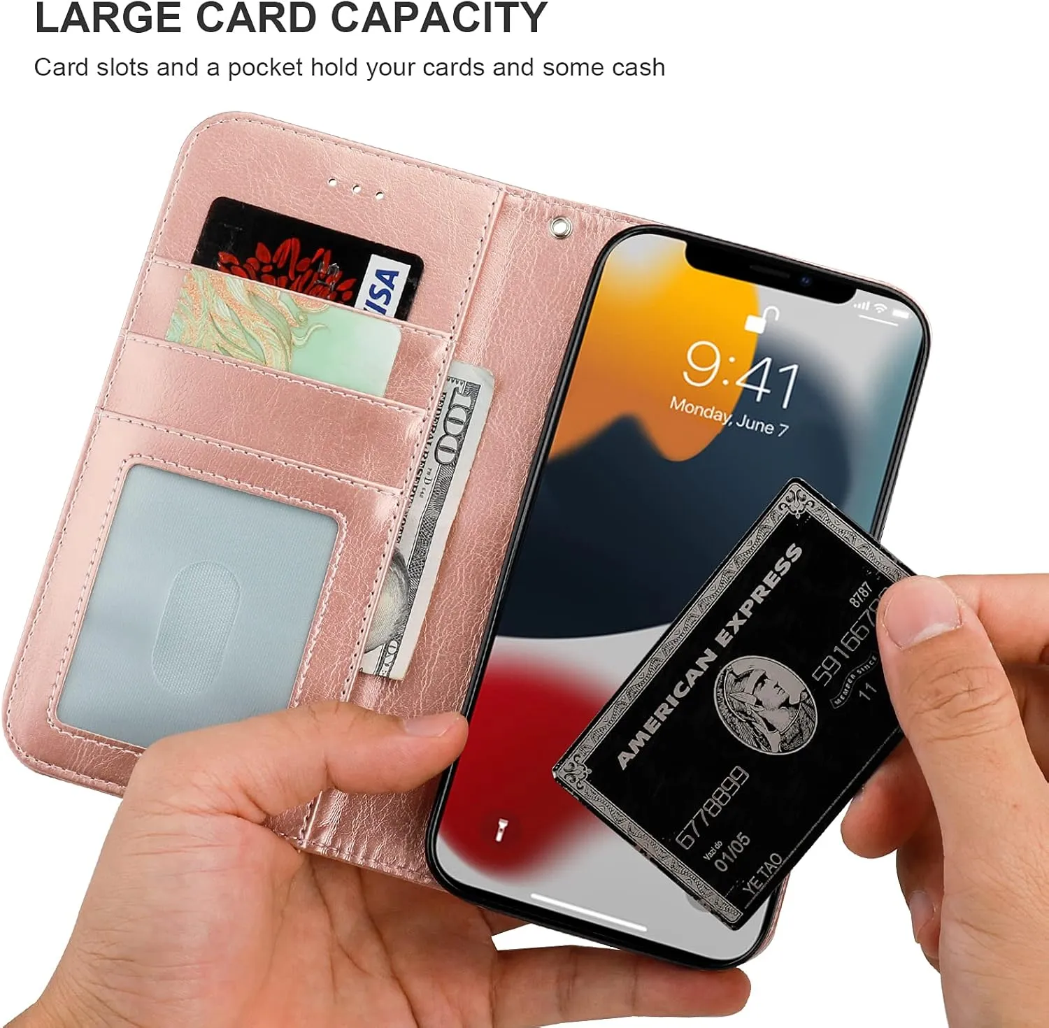 Bocasal Detachable Wallet Case for iPhone 13 RFID Blocking Card Slots Holder Premium PU Leather Magnetic Kickstand Shockproof Wrist Strap Removable Flip Protective Cover 5G 6.1 inch (Rose Gold)