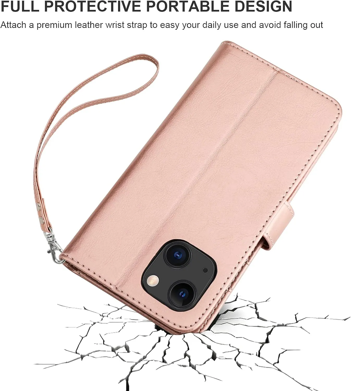 Bocasal Detachable Wallet Case for iPhone 13 RFID Blocking Card Slots Holder Premium PU Leather Magnetic Kickstand Shockproof Wrist Strap Removable Flip Protective Cover 5G 6.1 inch (Rose Gold)