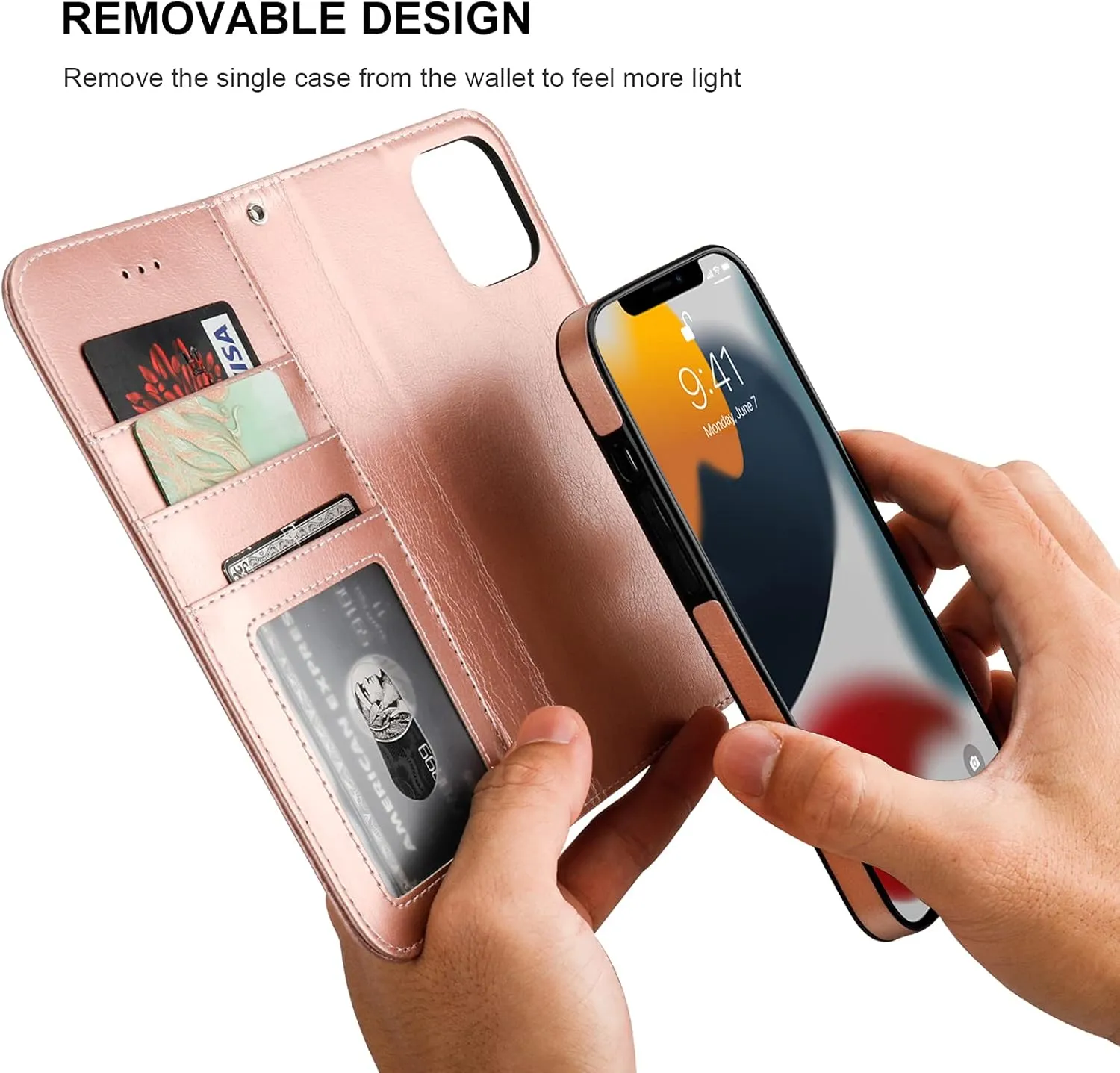 Bocasal Detachable Wallet Case for iPhone 13 RFID Blocking Card Slots Holder Premium PU Leather Magnetic Kickstand Shockproof Wrist Strap Removable Flip Protective Cover 5G 6.1 inch (Rose Gold)
