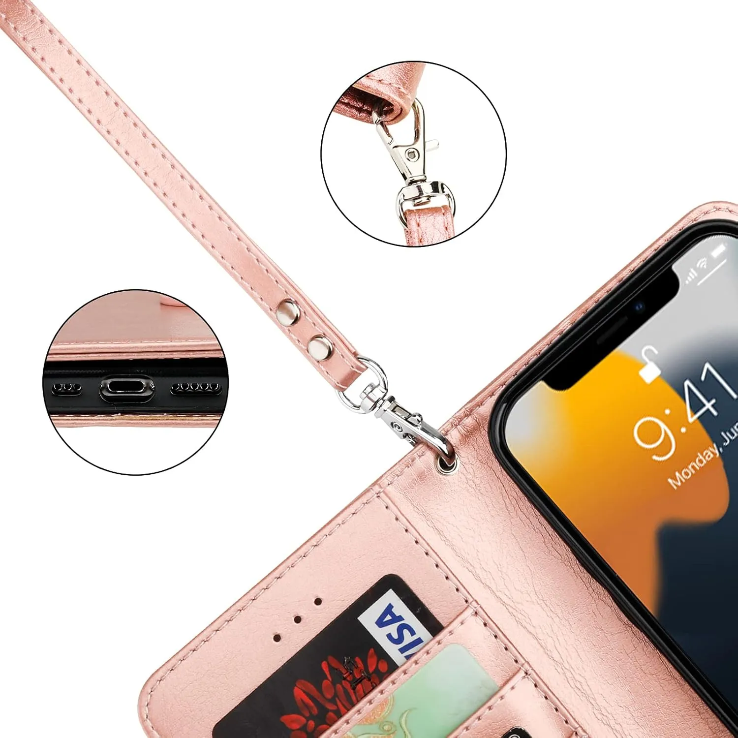 Bocasal Detachable Wallet Case for iPhone 13 RFID Blocking Card Slots Holder Premium PU Leather Magnetic Kickstand Shockproof Wrist Strap Removable Flip Protective Cover 5G 6.1 inch (Rose Gold)