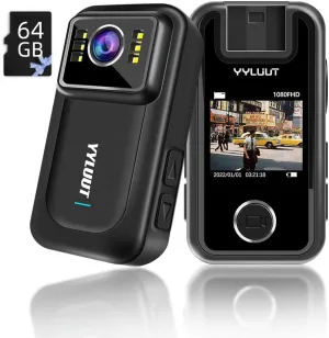 Body Camera with Video Recording Cam - Bodycam with 1080P HD Built in 64GB Memory Card, IP67 Waterproofing, 1.5 Inch Bigger Display Cams, Wearable Clip On 10 Hours Video Recorder Cameras