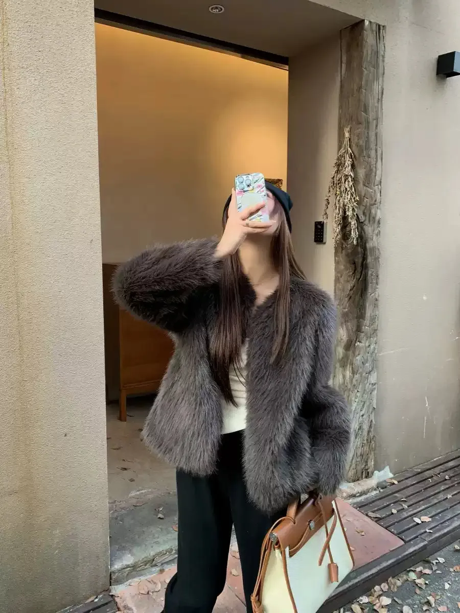 Boho Dark Grey Leather And Fur Coats Winter