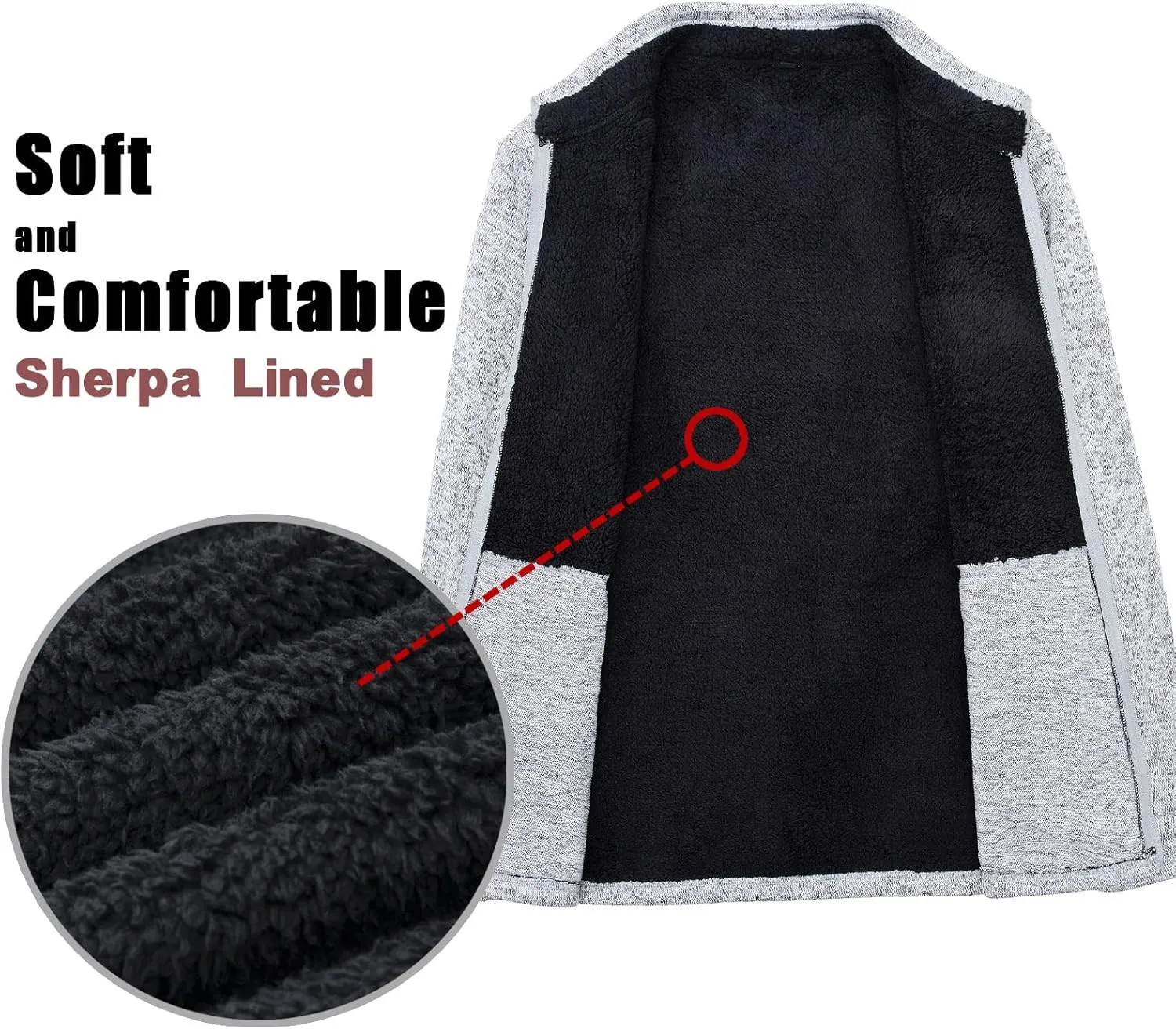 Bonnorth Men's Long Sleeve Sweater Fleece Jacket, Sherpa Lined Full Zip Windproof Outerwear with Zip Pocket