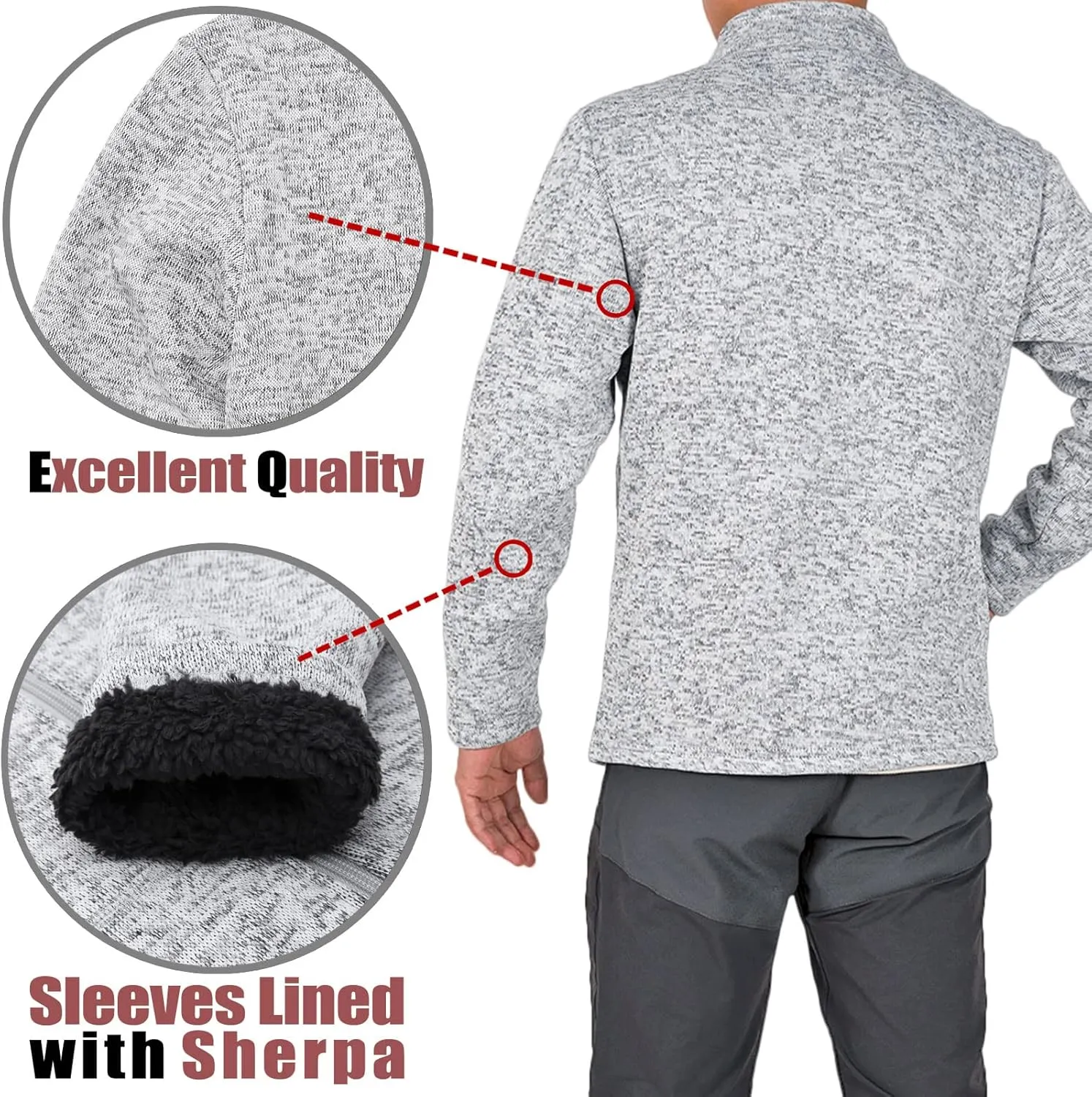 Bonnorth Men's Long Sleeve Sweater Fleece Jacket, Sherpa Lined Full Zip Windproof Outerwear with Zip Pocket