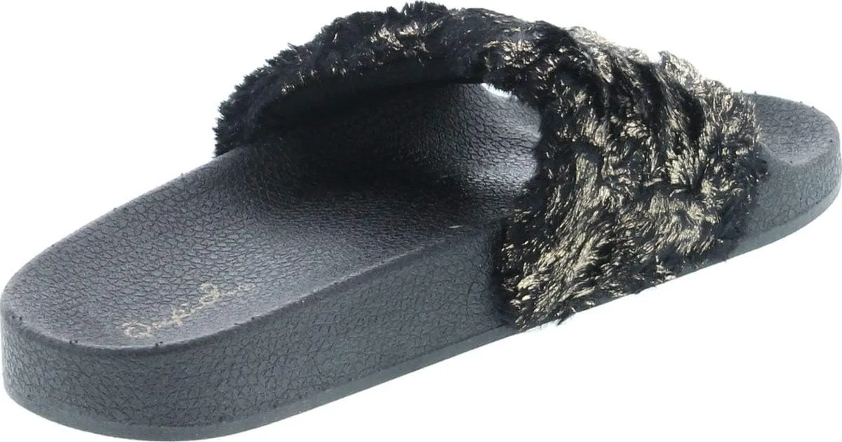 Booboo-07 Women Metallic Faux Fur Slide Casual Lounging Trendy Furry Slipper