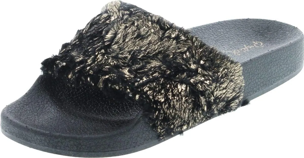 Booboo-07 Women Metallic Faux Fur Slide Casual Lounging Trendy Furry Slipper