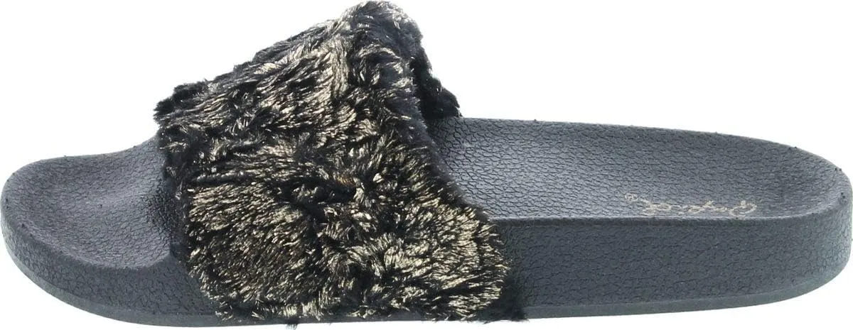 Booboo-07 Women Metallic Faux Fur Slide Casual Lounging Trendy Furry Slipper