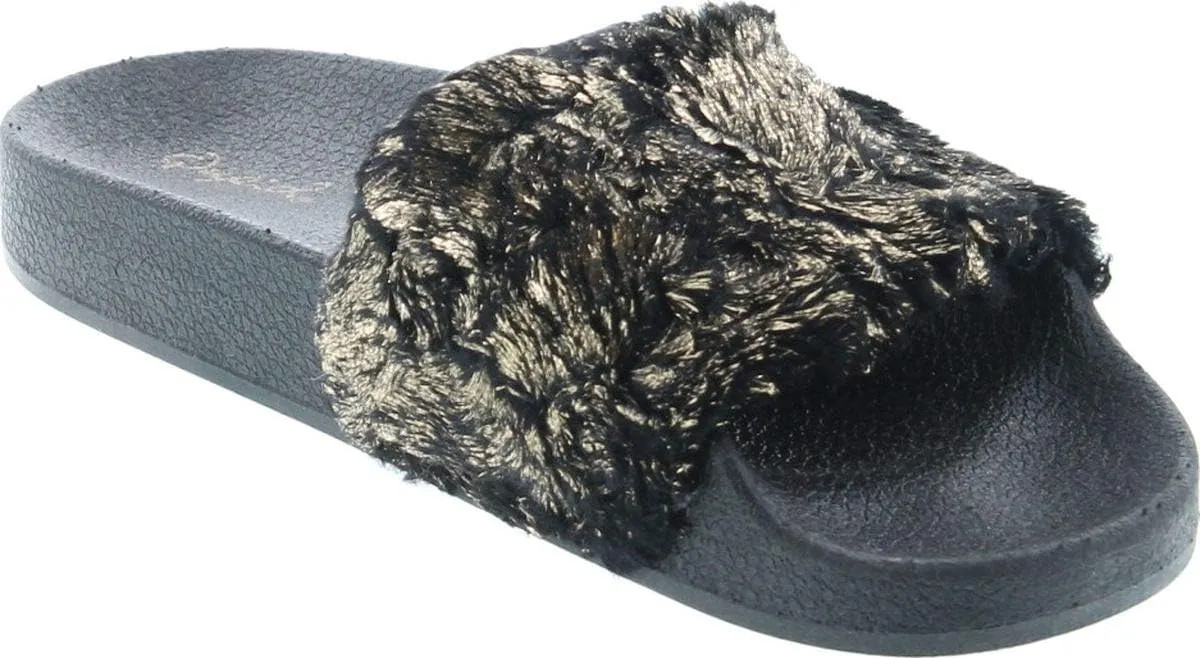 Booboo-07 Women Metallic Faux Fur Slide Casual Lounging Trendy Furry Slipper