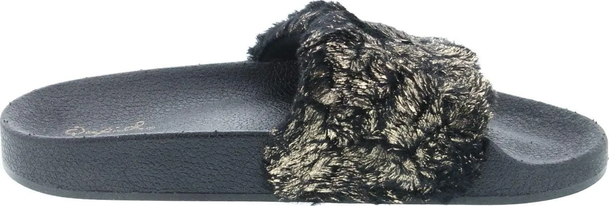 Booboo-07 Women Metallic Faux Fur Slide Casual Lounging Trendy Furry Slipper