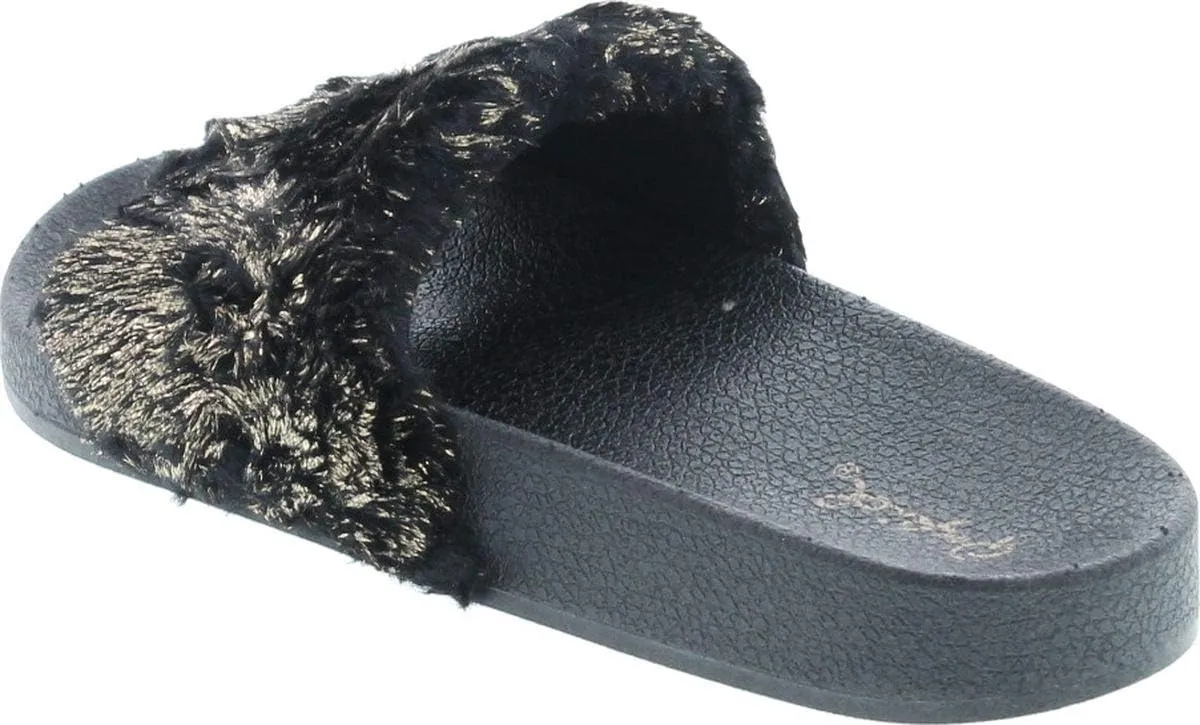 Booboo-07 Women Metallic Faux Fur Slide Casual Lounging Trendy Furry Slipper