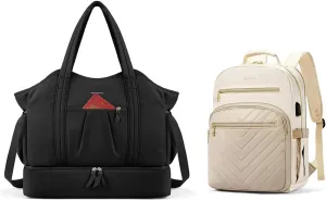 BOSTANTEN Black Waterproof Weekender Bags with Shoe Compartment, comes with 15.6 Inch Beige Laptop Backpack