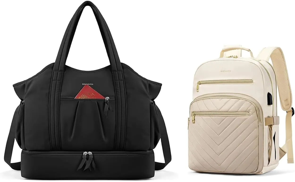 BOSTANTEN Black Waterproof Weekender Bags with Shoe Compartment, comes with 15.6 Inch Beige Laptop Backpack