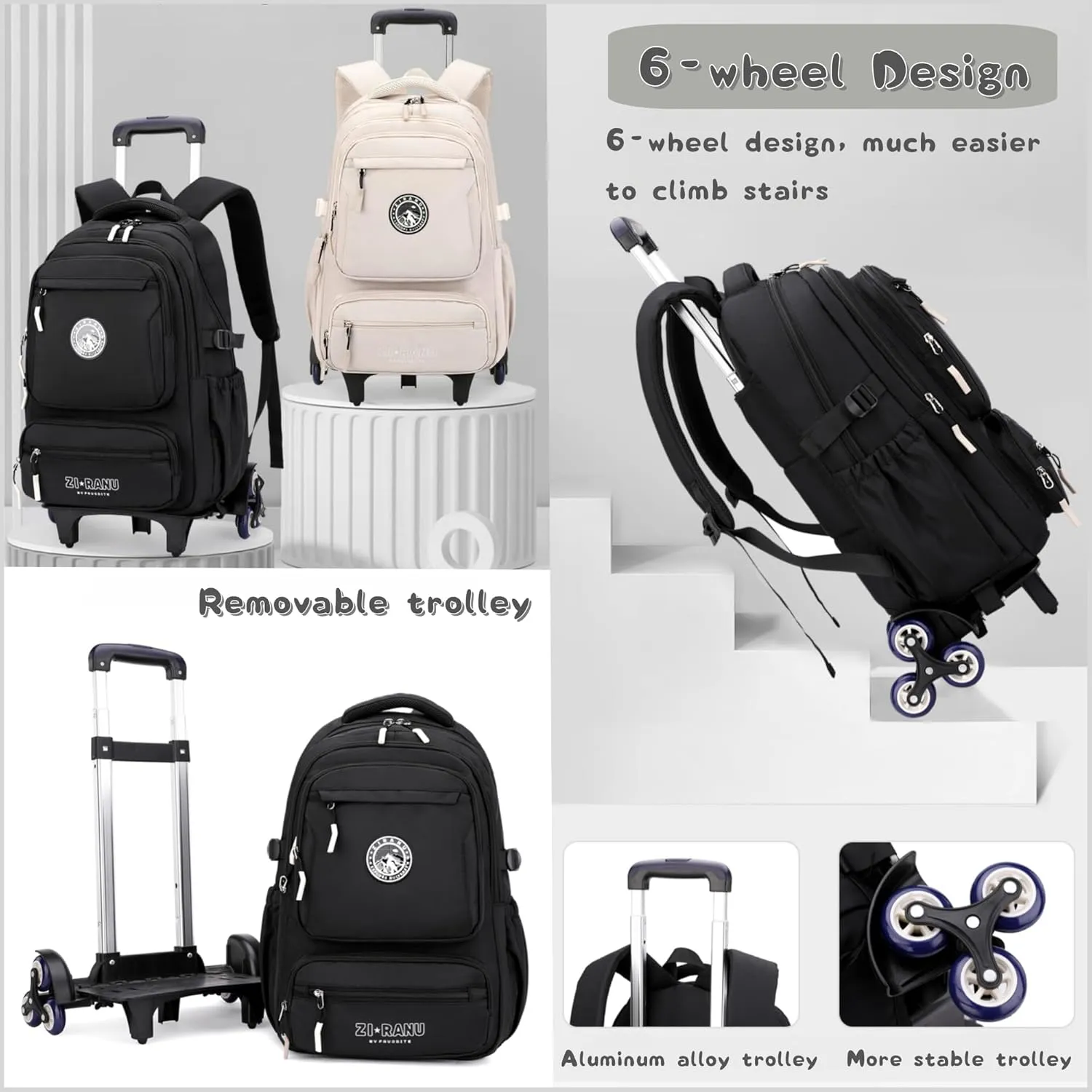 Boys Backpack with 6 Wheels, Rolling Backpack for Boys Elementary Middle Junior School Bookbags, Grey