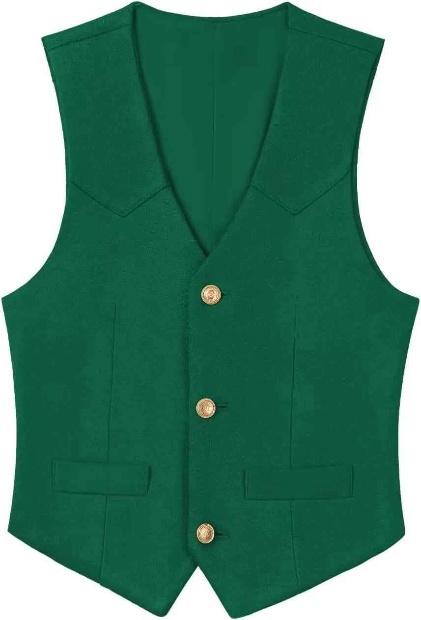 Boys Vest Leather Western Cowboy Dress Vests with Pockets Vintage Suede V Neck Formal Wedding Waistcoat