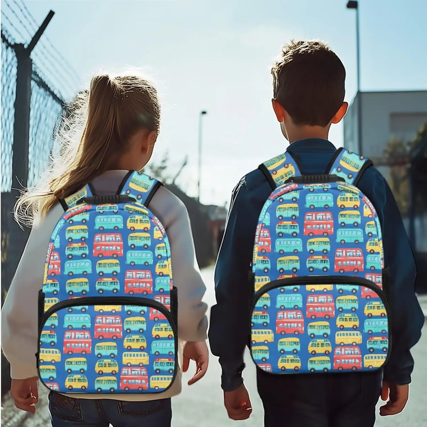 Buses Backpack for Boys with Lunch Box 4 in 1 Kids School Bag for Boys Ages 3-5 Large Capacity Bookbag for Kids for Kindergarten Preschool Casual Book Bag