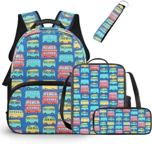 Buses Backpack for Boys with Lunch Box 4 in 1 Kids School Bag for Boys Ages 3-5 Large Capacity Bookbag for Kids for Kindergarten Preschool Casual Book Bag