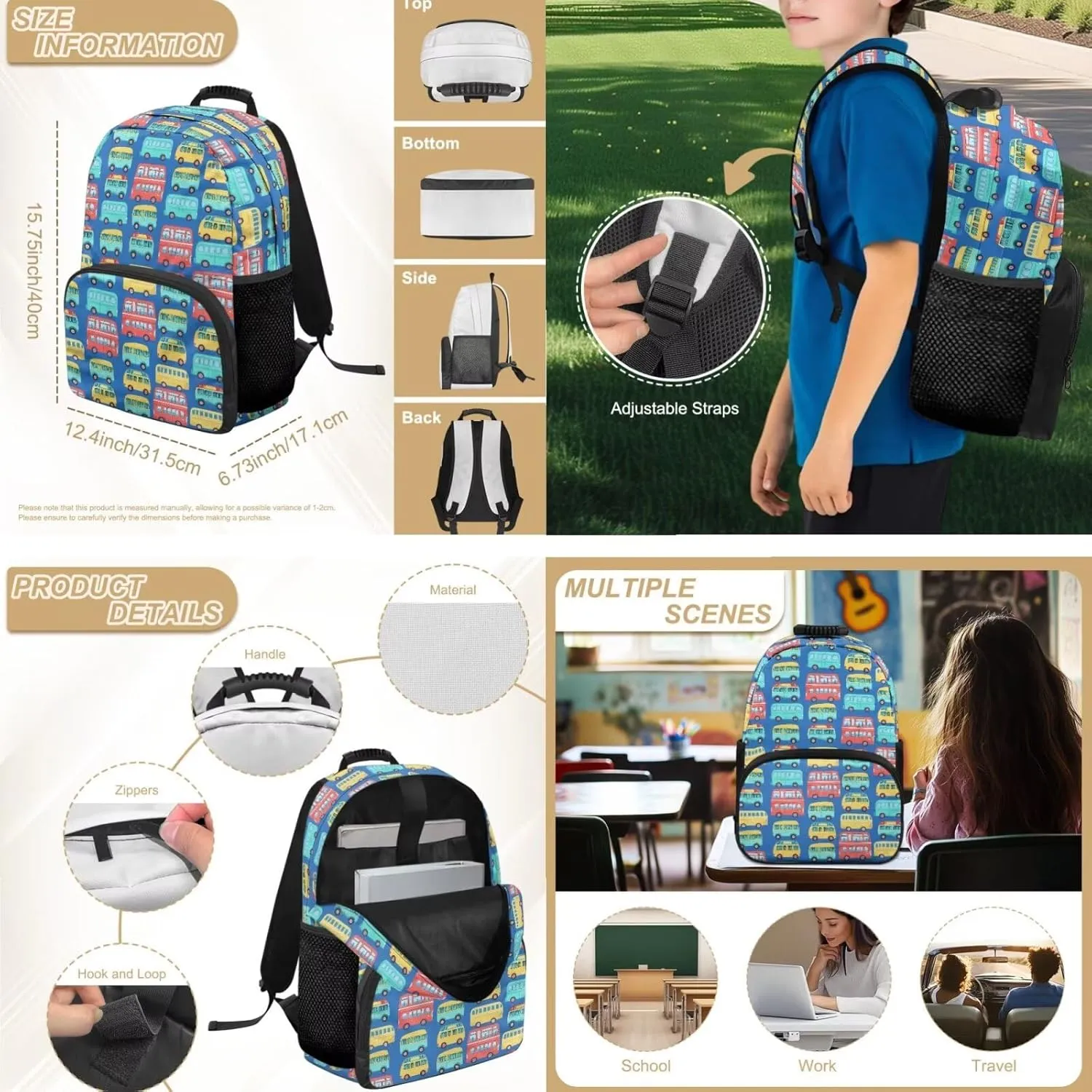 Buses Backpack for Boys with Lunch Box 4 in 1 Kids School Bag for Boys Ages 3-5 Large Capacity Bookbag for Kids for Kindergarten Preschool Casual Book Bag