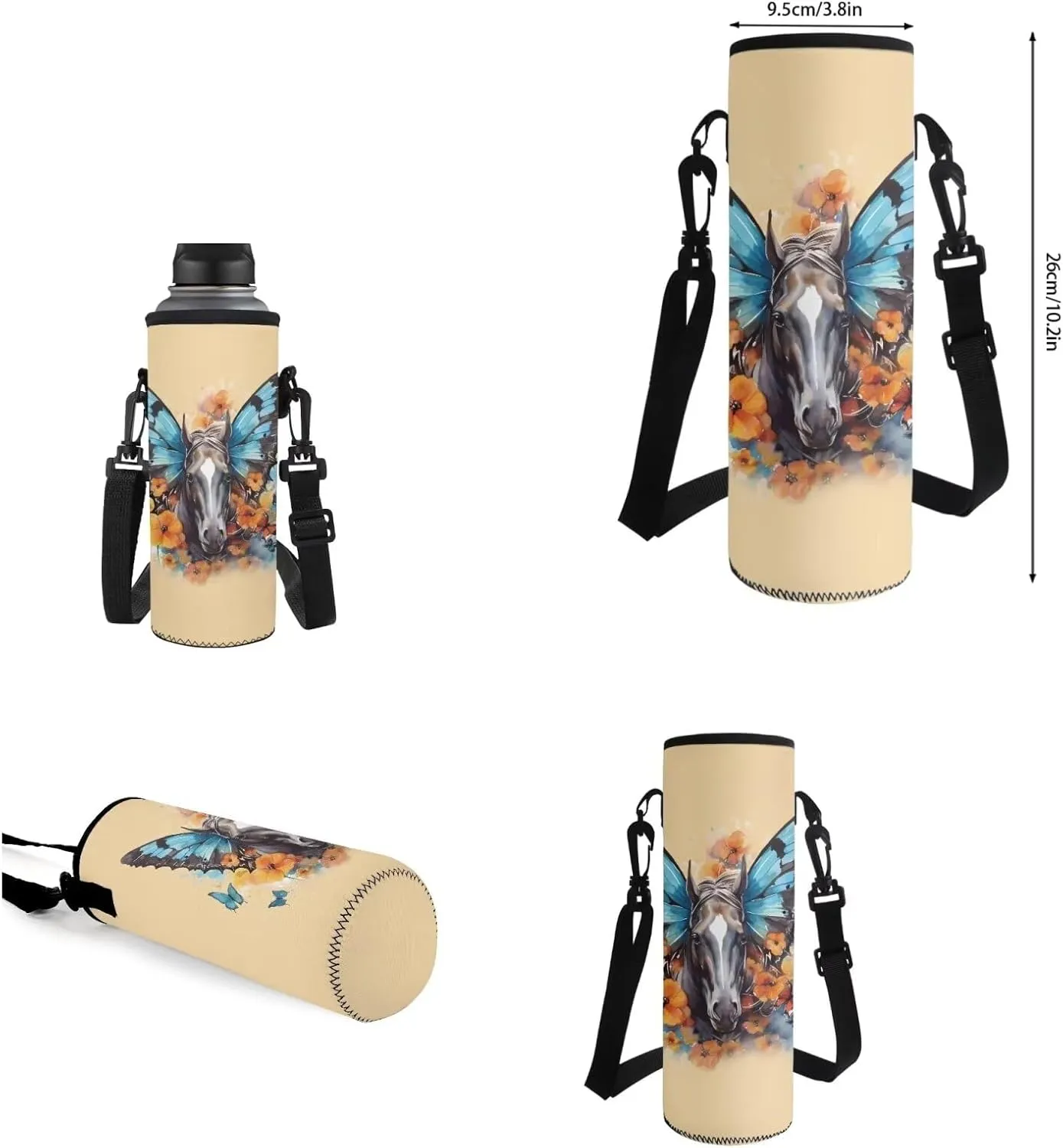 Butterfly Horse School Backpack Set for Kids Lightweight Bookbag for Primary Elemenatry Students with Lunch Bag Water Bottle Cover 4Pcs Knapsack Back To School Gift Cute Kids Schoolbag