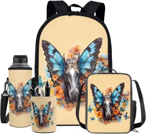 Butterfly Horse School Backpack Set for Kids Lightweight Bookbag for Primary Elemenatry Students with Lunch Bag Water Bottle Cover 4Pcs Knapsack Back To School Gift Cute Kids Schoolbag
