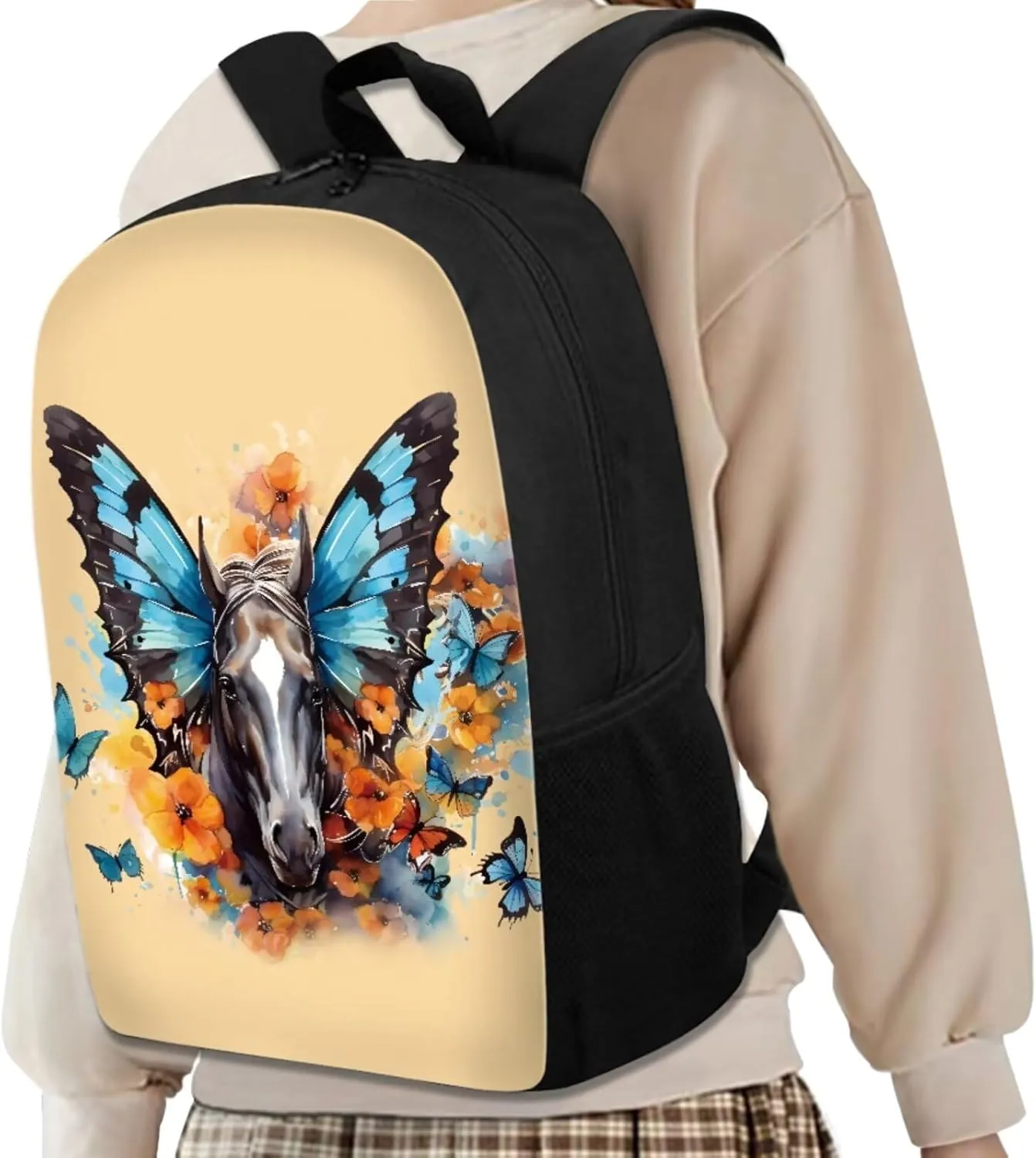 Butterfly Horse School Backpack Set for Kids Lightweight Bookbag for Primary Elemenatry Students with Lunch Bag Water Bottle Cover 4Pcs Knapsack Back To School Gift Cute Kids Schoolbag