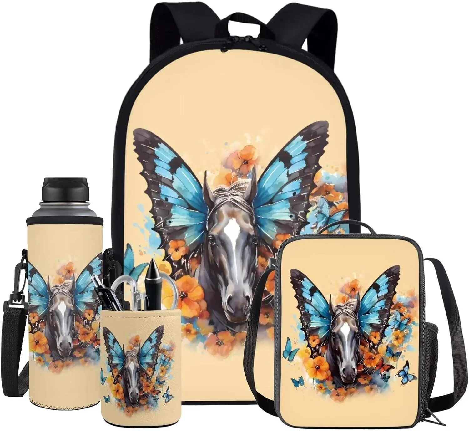 Butterfly Horse School Backpack Set for Kids Lightweight Bookbag for Primary Elemenatry Students with Lunch Bag Water Bottle Cover 4Pcs Knapsack Back To School Gift Cute Kids Schoolbag