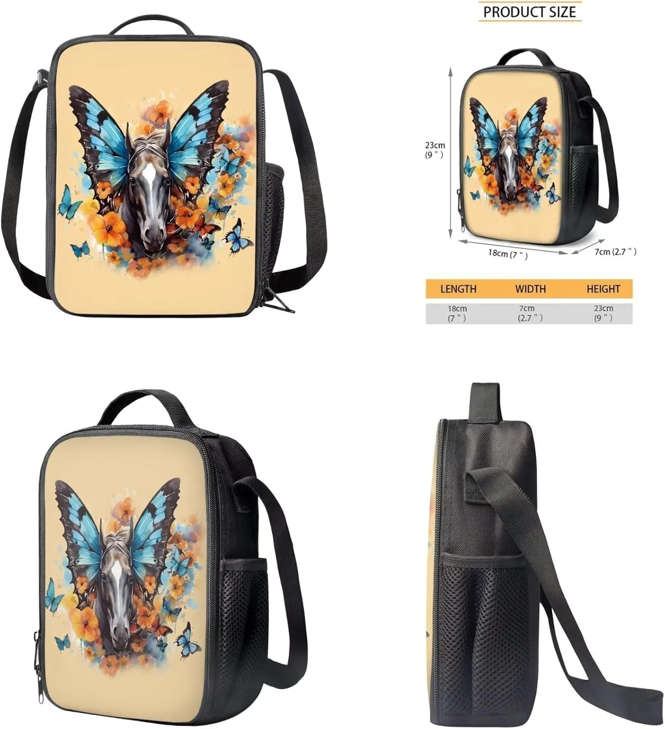 Butterfly Horse School Backpack Set for Kids Lightweight Bookbag for Primary Elemenatry Students with Lunch Bag Water Bottle Cover 4Pcs Knapsack Back To School Gift Cute Kids Schoolbag