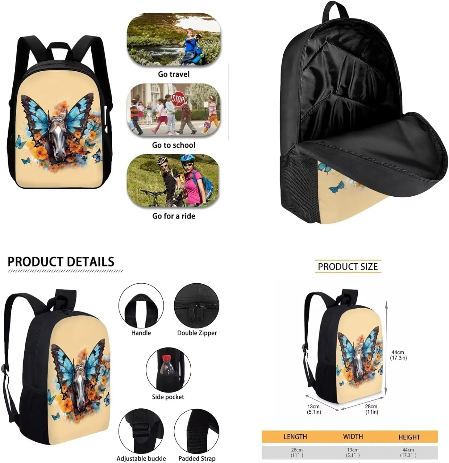 Butterfly Horse School Backpack Set for Kids Lightweight Bookbag for Primary Elemenatry Students with Lunch Bag Water Bottle Cover 4Pcs Knapsack Back To School Gift Cute Kids Schoolbag