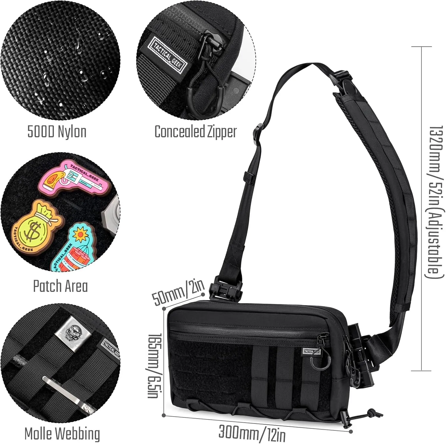 Cache L3 EDC Sling Bag Chest, Lightweight Shoulder Daypack, 500D Nylon, Travel Hiking Concealed Carry, Crossbody Bag, Tactical Backpack, Hiking Ambidextrous Strap Black