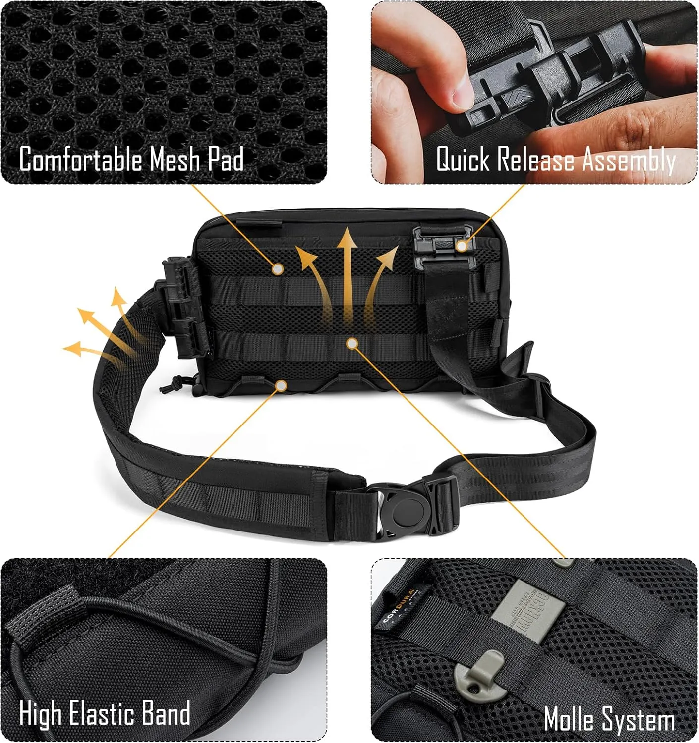 Cache L3 EDC Sling Bag Chest, Lightweight Shoulder Daypack, 500D Nylon, Travel Hiking Concealed Carry, Crossbody Bag, Tactical Backpack, Hiking Ambidextrous Strap Black