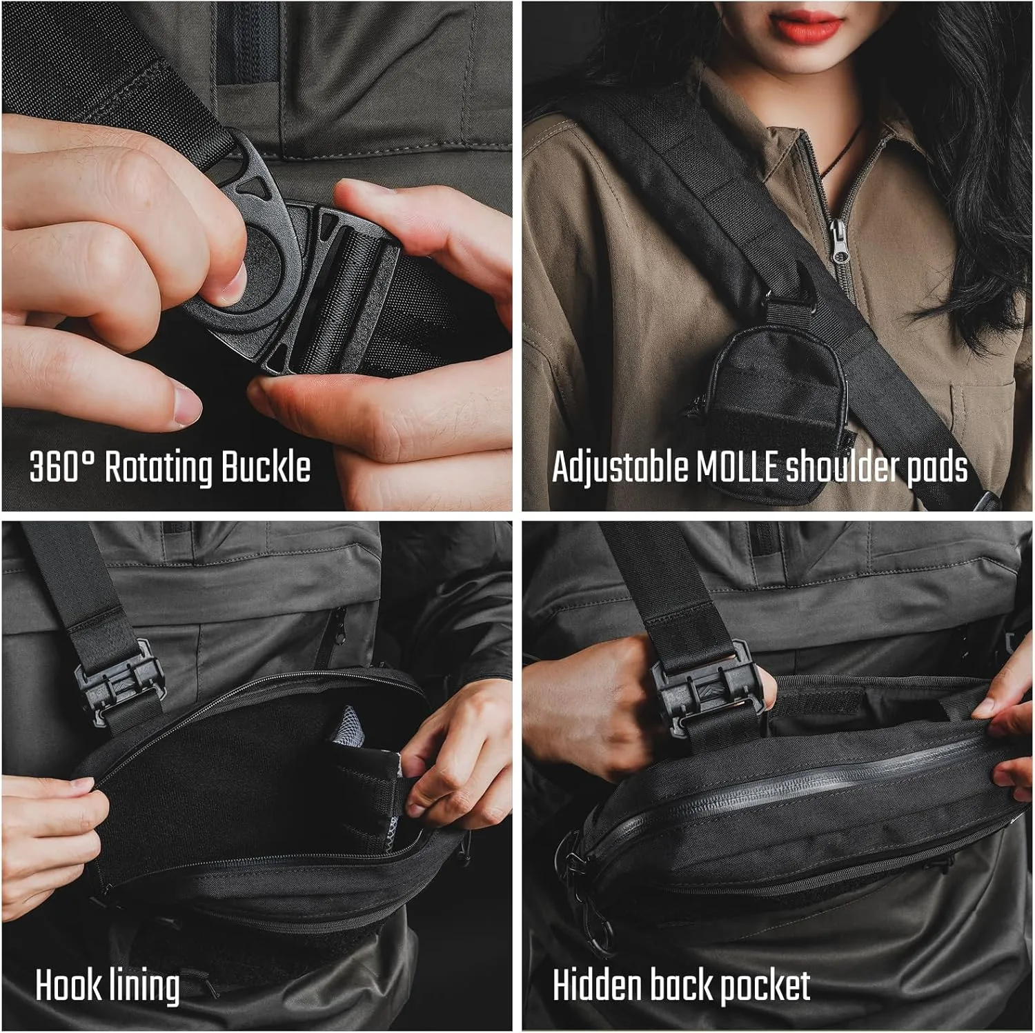 Cache L3 EDC Sling Bag Chest, Lightweight Shoulder Daypack, 500D Nylon, Travel Hiking Concealed Carry, Crossbody Bag, Tactical Backpack, Hiking Ambidextrous Strap Black