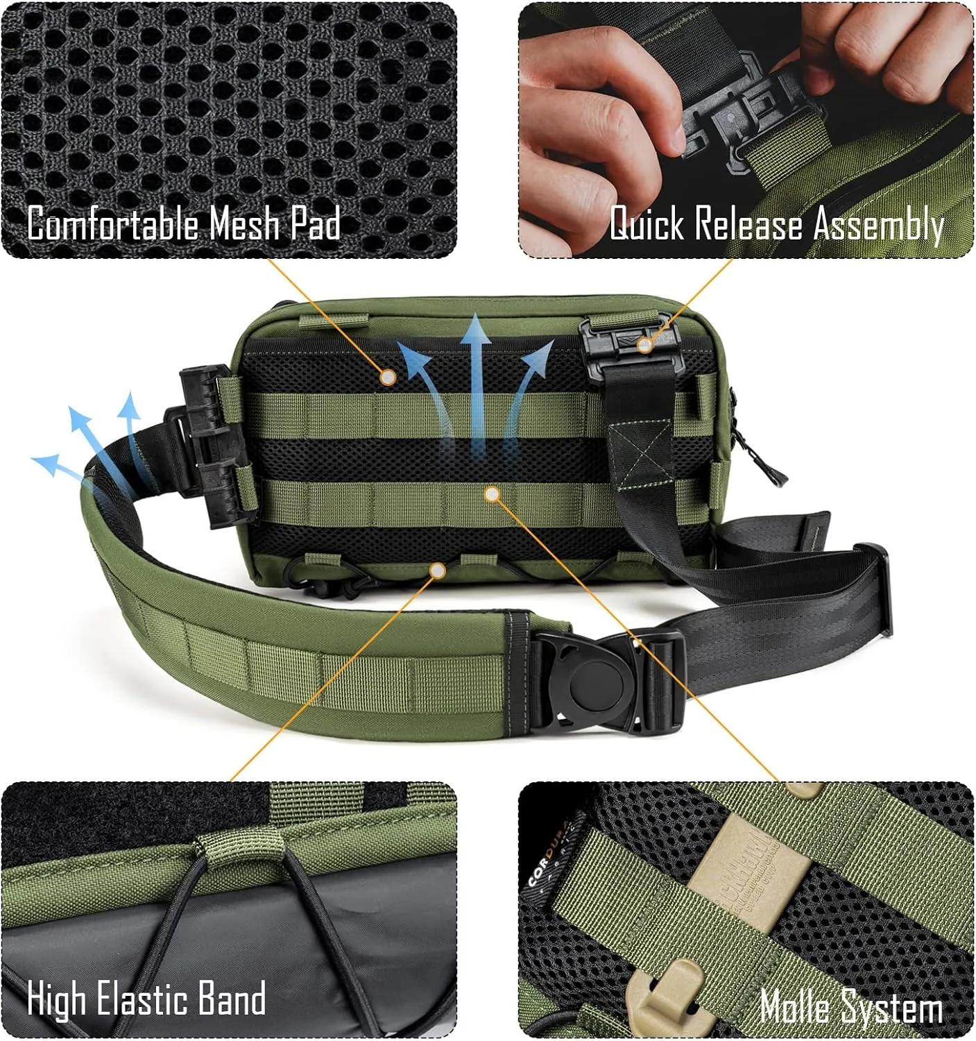 Cache L3 EDC Sling Bag Chest, Lightweight Shoulder Daypack, 500D Nylon, Travel Hiking Concealed Carry,Crossbody Bag, Tactical Backpack, Hiking Ambidextrous Strap Green