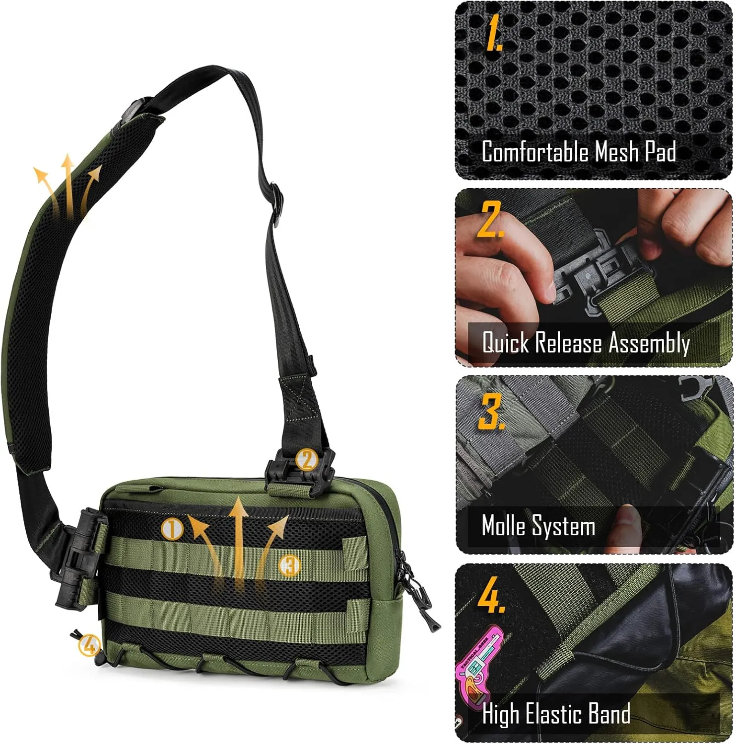 Cache L3 EDC Sling Bag Chest, Lightweight Shoulder Daypack, 500D Nylon, Travel Hiking Concealed Carry,Crossbody Bag, Tactical Backpack, Hiking Ambidextrous Strap Green