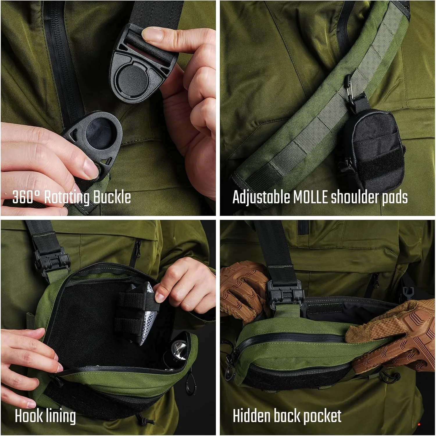 Cache L3 EDC Sling Bag Chest, Lightweight Shoulder Daypack, 500D Nylon, Travel Hiking Concealed Carry,Crossbody Bag, Tactical Backpack, Hiking Ambidextrous Strap Green