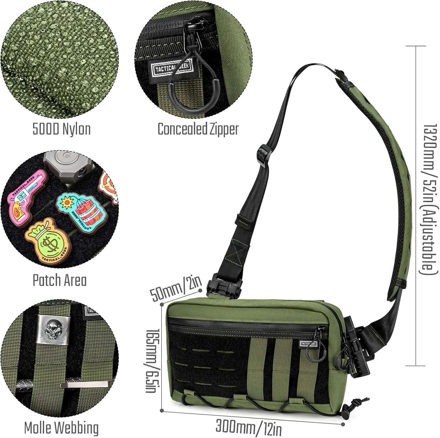 Cache L3 EDC Sling Bag Chest, Lightweight Shoulder Daypack, 500D Nylon, Travel Hiking Concealed Carry,Crossbody Bag, Tactical Backpack, Hiking Ambidextrous Strap Green