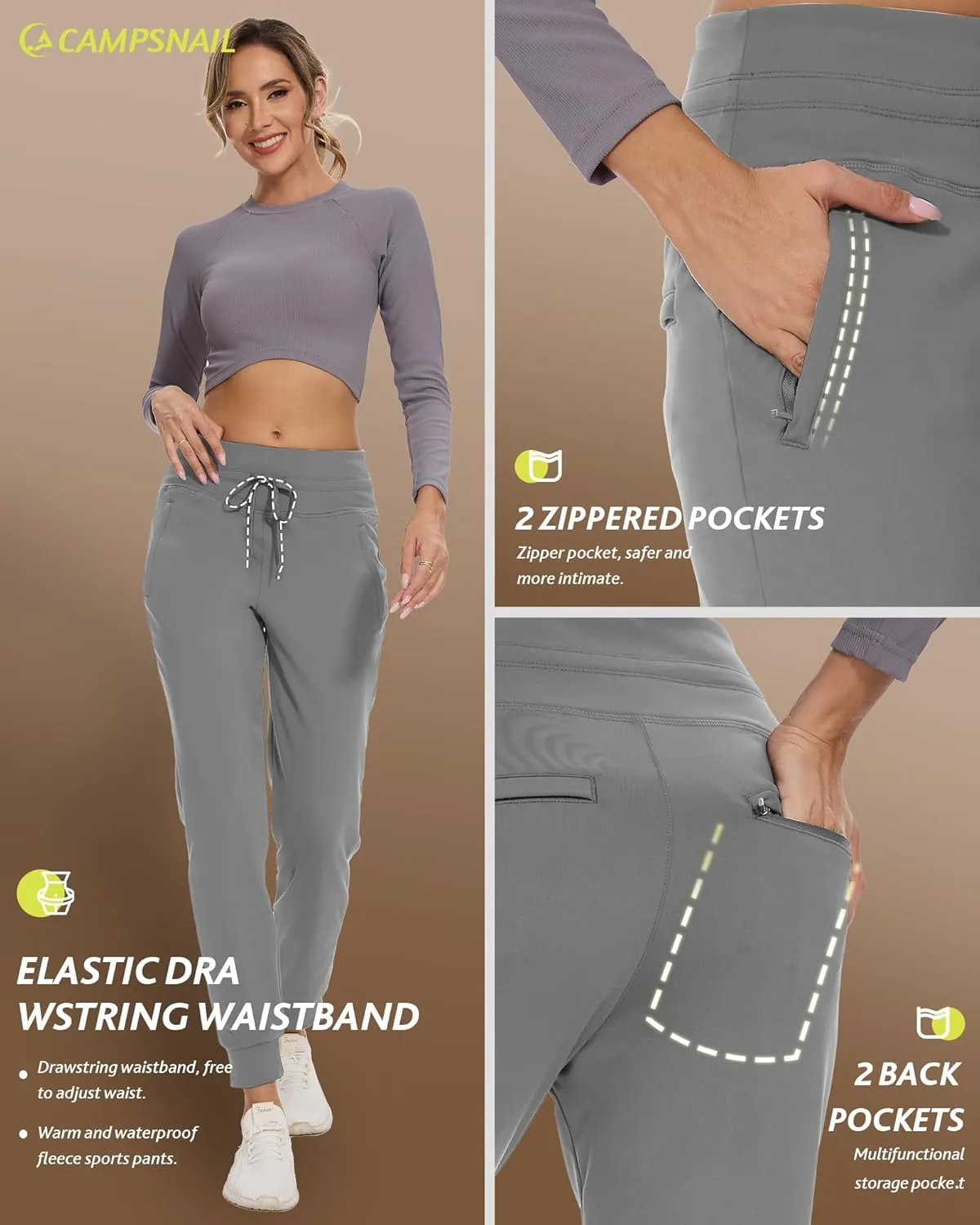 CAMPSNAIL Fleece Lined Joggers Women - Water Resistant Thermal Winter Sweatpants Running Hiking Yoga with Pockets