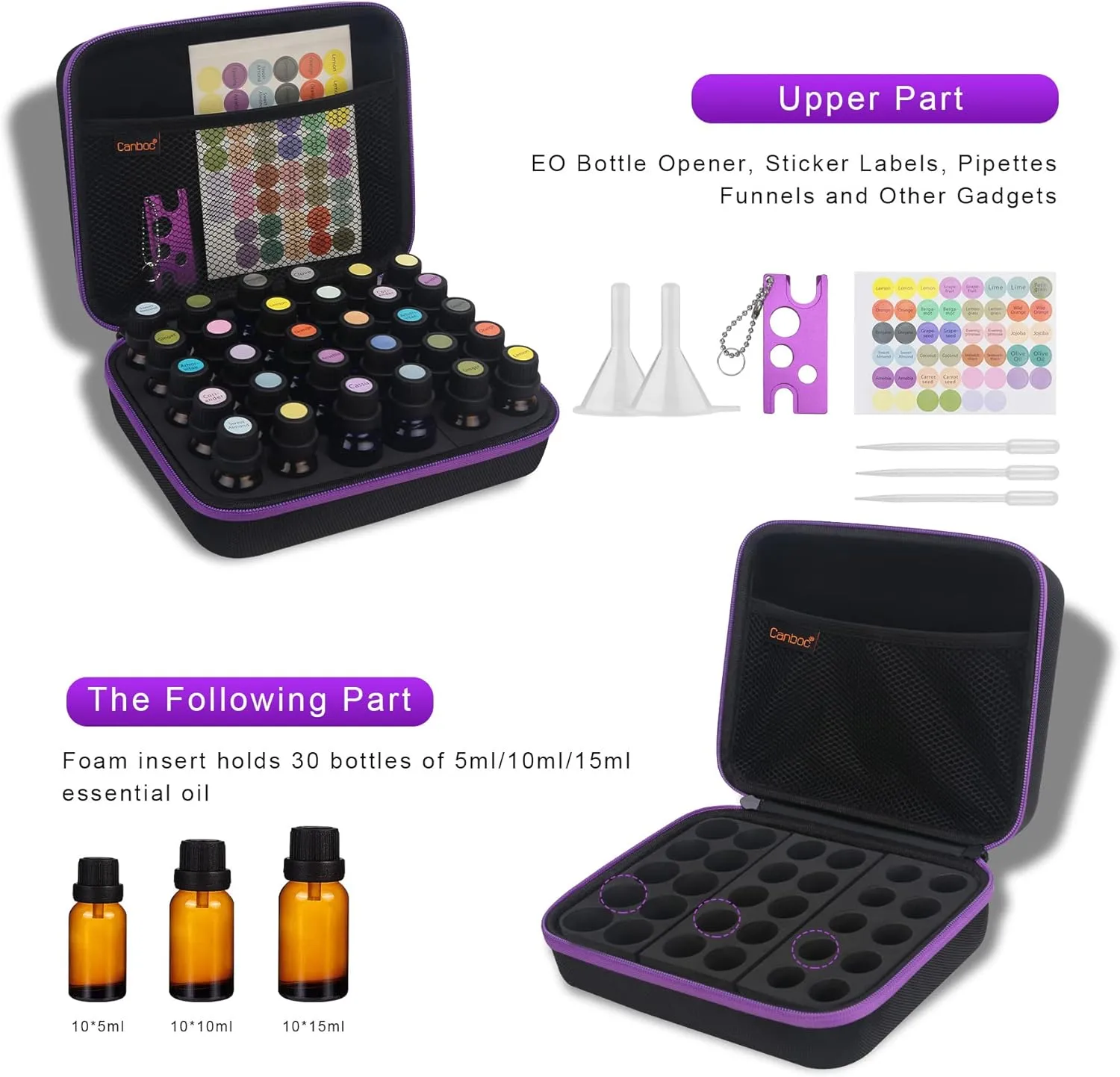 Canboc 30 Essential Oil Storage Holder Organizer Carrying Case - Holds 5ml 10ml 15ml Bottles for Young Living Oils - Travel Bag With Labels & Opener, Black